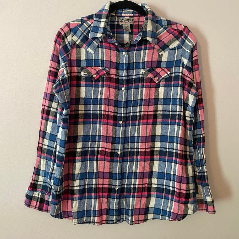 Wrangler Blue Pink Plaid Pearl Snap Button Down Shirt Cotton Western Women's XL